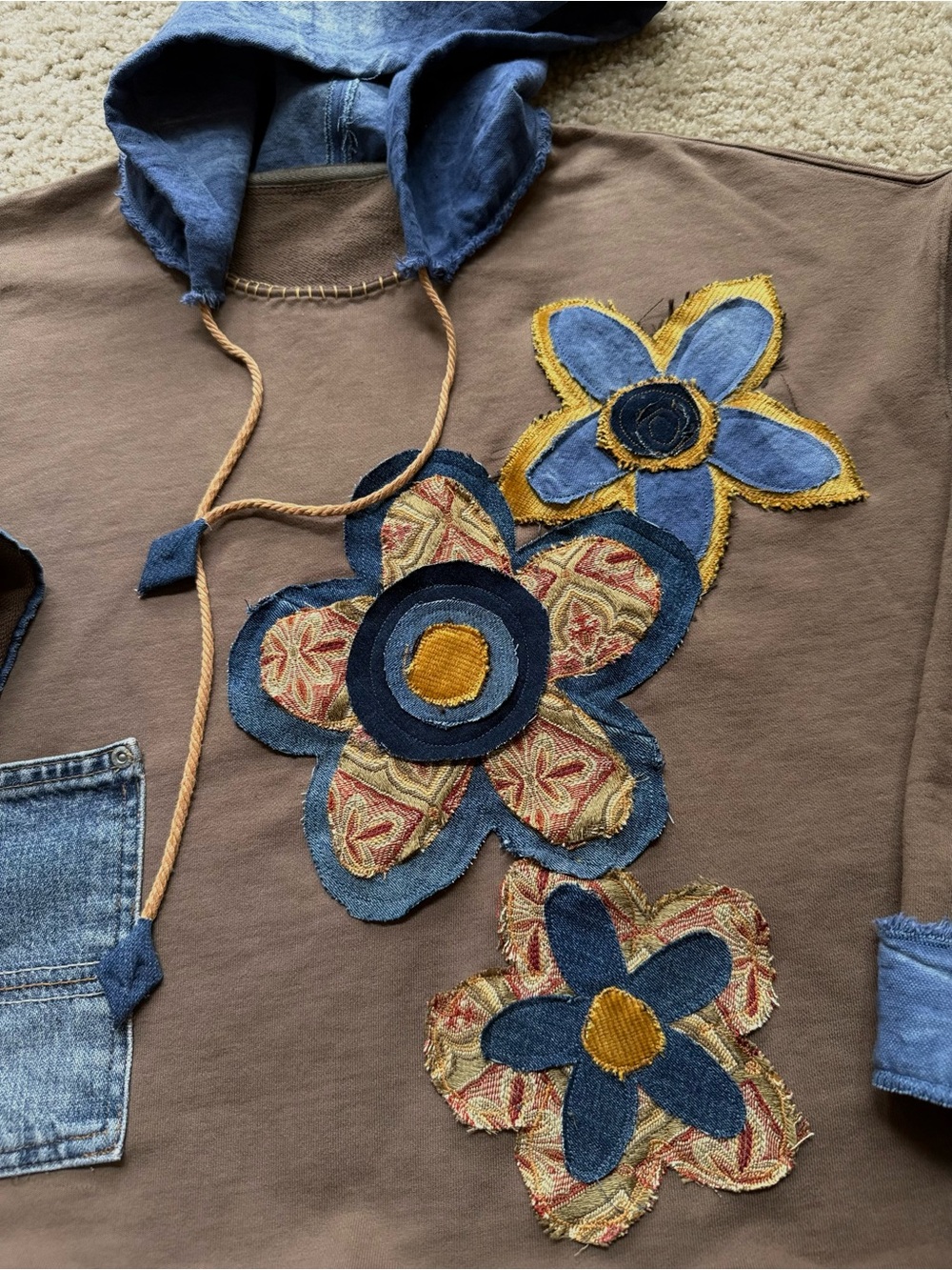 OOAK Handmade Upcycled Hoodie L/XL Eco Dyed Cotton Denim Patchwork Boho Floral - Picture 10 of 13